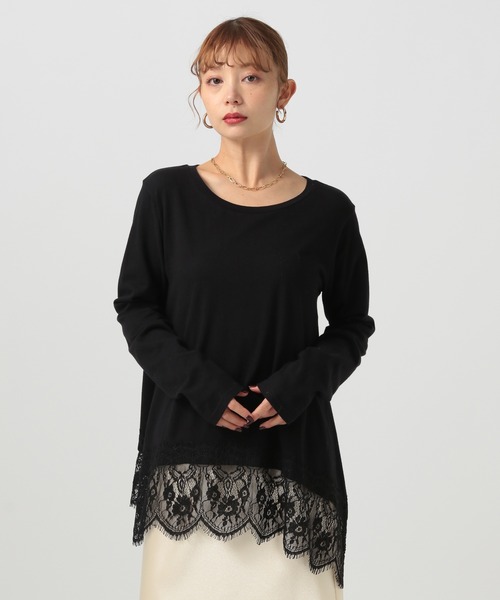 コムコム レース　レイヤード　カットソー　黒 tシャツ レースレイヤードトップス レディース : ZOZOTOWN Yahoo!店