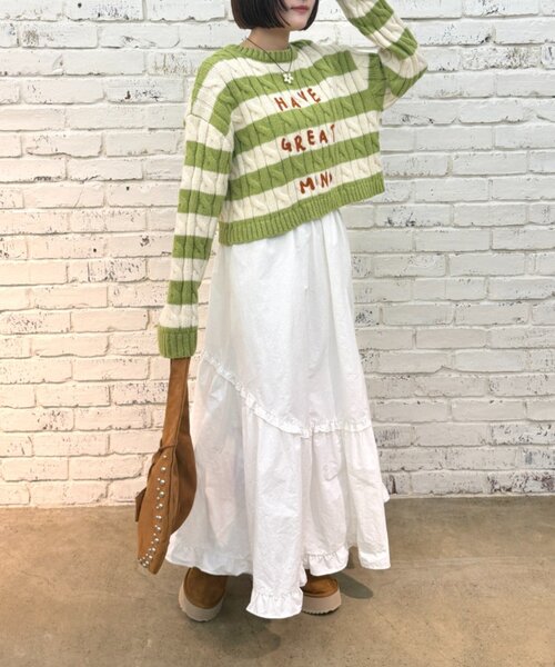 w closet（ダブルクローゼット）の「ボーダーアランニット（ニット/セーター・レディース・レッド/グリーン・FREE）」の7枚目の写真