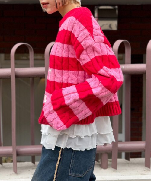 w closet（ダブルクローゼット）の「ボーダーアランニット（ニット/セーター・レディース・レッド/グリーン・FREE）」の12枚目の写真