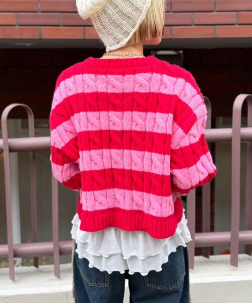 w closet（ダブルクローゼット）の「ボーダーアランニット（ニット/セーター・レディース・レッド/グリーン・FREE）」の13枚目の写真