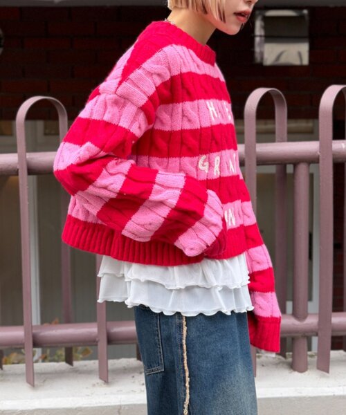 w closet（ダブルクローゼット）の「ボーダーアランニット（ニット/セーター・レディース・レッド/グリーン・FREE）」の14枚目の写真