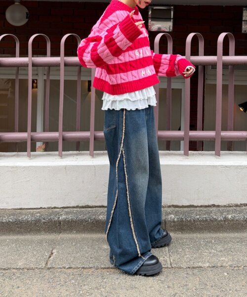 w closet（ダブルクローゼット）の「ボーダーアランニット（ニット/セーター・レディース・レッド/グリーン・FREE）」の18枚目の写真