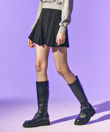 プリーツコーデュロイフレアミニスカート[ブラック]