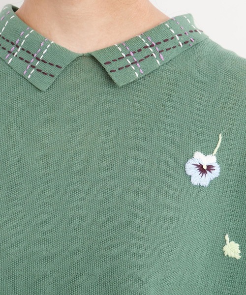 l'atelier du savon（アトリエドサボン）の「パンジーのお花　ハンド刺繍　襟付きニット（ニット/セーター・レディース・グレー/グリーン/イエロー・FREE）」の9枚目の写真