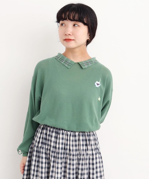 l'atelier du savon（アトリエドサボン）の「パンジーのお花　ハンド刺繍　襟付きニット（ニット/セーター・レディース・グレー/グリーン/イエロー・FREE）」の12枚目の写真