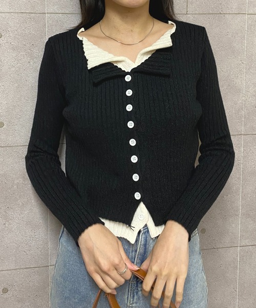 NANEA(ナネア)の「クロップド丈 レイヤード風配色ニットカーディガン(ニット/セーター・レディース・レッド/チャコールグレー/ブラック/グレイッシュベージュ・フリー)」の15枚目の写真