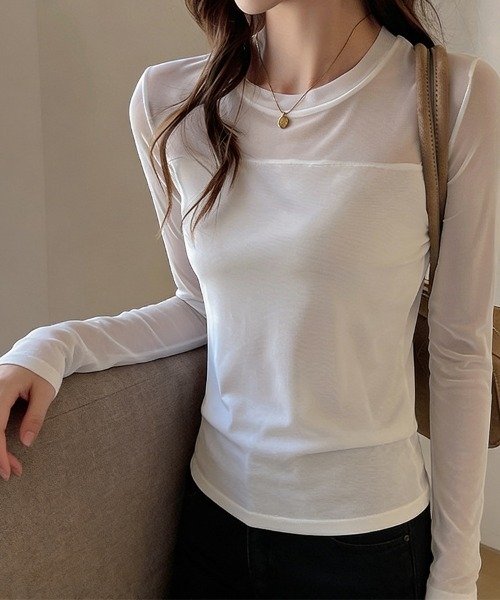 ReRe(リリ)の「メッシュ切替ロングスリーブトップス(Tシャツ/カットソー・レディース・ブラック/ダークブラウン/ホワイト・MEDIUM)」の19枚目の写真