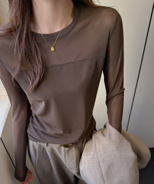 ReRe(リリ)の「メッシュ切替ロングスリーブトップス(Tシャツ/カットソー・レディース・ブラック/ダークブラウン/ホワイト・MEDIUM)」の22枚目の写真