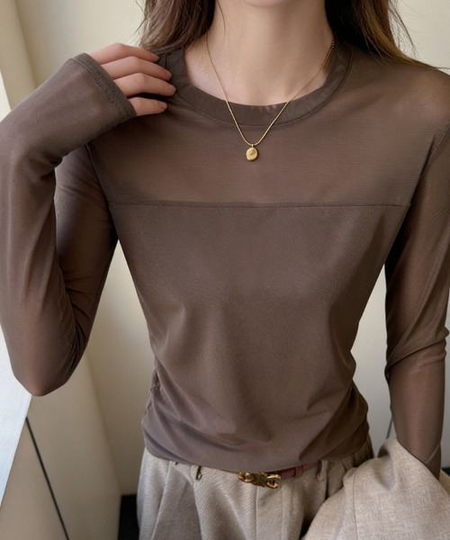 ReRe(リリ)の「メッシュ切替ロングスリーブトップス(Tシャツ/カットソー・レディース・ブラック/ダークブラウン/ホワイト・MEDIUM)」の11枚目の写真