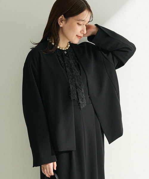 Green　Parks（グリーンパークス）の「O.洗えてストレッチ ノーカラージャケット（テーラードジャケット・レディース・ライトベージュ/ブラック・L/M）」の2枚目の写真