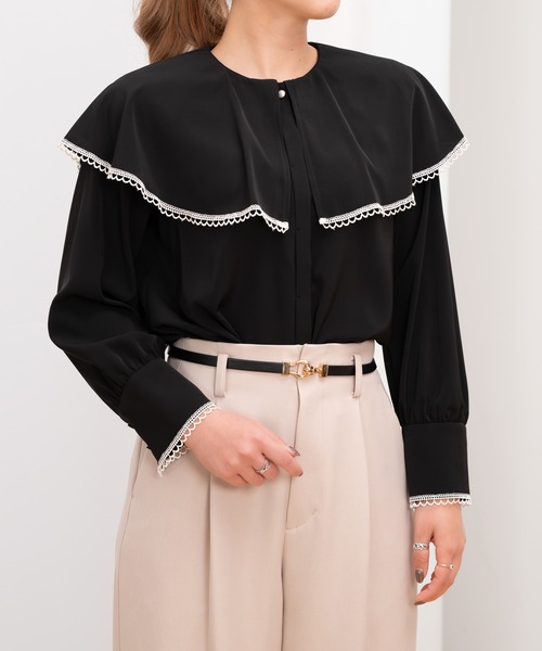 STRAWBERRY-FIELDS（ストロベリーフィールズ）の「【元宝塚トップ娘役 舞空瞳さん着用】ライトデシン_ケープカラーブラウス（シャツ/ブラウス・レディース・ブラック×ホワイト/オフホワイト/ミント・2）」の2枚目の写真