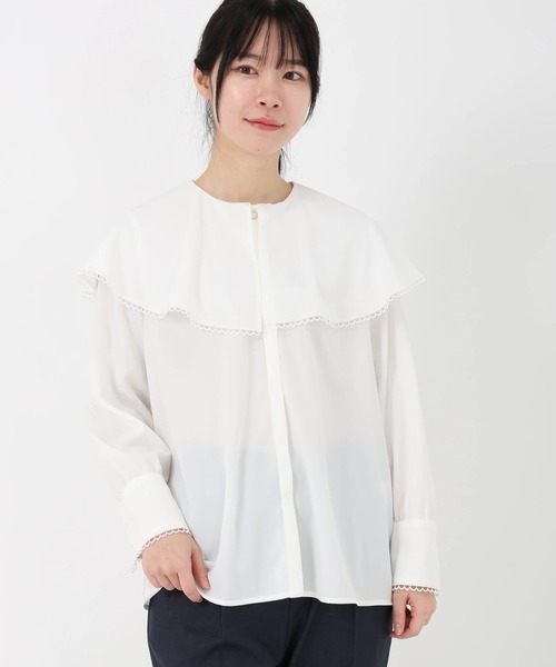 STRAWBERRY-FIELDS（ストロベリーフィールズ）の「【元宝塚トップ娘役 舞空瞳さん着用】ライトデシン_ケープカラーブラウス（シャツ/ブラウス・レディース・ブラック×ホワイト/オフホワイト/ミント・2）」の14枚目の写真