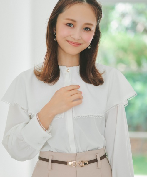 STRAWBERRY-FIELDS（ストロベリーフィールズ）の「【元宝塚トップ娘役 舞空瞳さん着用】ライトデシン_ケープカラーブラウス（シャツ/ブラウス・レディース・ブラック×ホワイト/オフホワイト/ミント・2）」の12枚目の写真