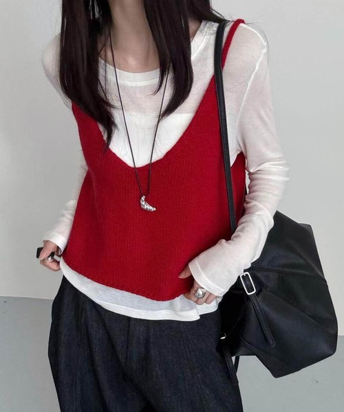 DAY CLOSET(デイ クローゼット)の「【前後2WAY】レイヤード即戦力。ダブルリボン Vネック ニット ビスチェ レディース(キャミソール・レディース・イエロー/グレー/ブラック/アイボリー/レッド/ミント・FREE)」の6枚目の写真