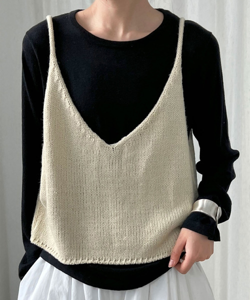 DAY CLOSET(デイ クローゼット)の「【前後2WAY】レイヤード即戦力。ダブルリボン Vネック ニット ビスチェ レディース(キャミソール・レディース・イエロー/グレー/ブラック/アイボリー/レッド/ミント・FREE)」の7枚目の写真