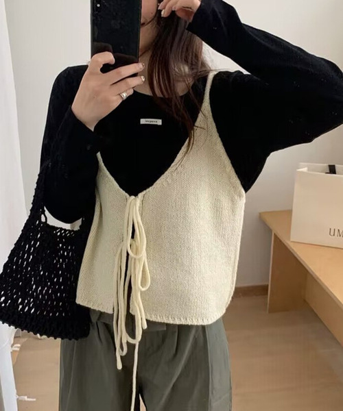 前後2WAY】レイヤード即戦力。ダブルリボン Vネック ニット ビスチェ