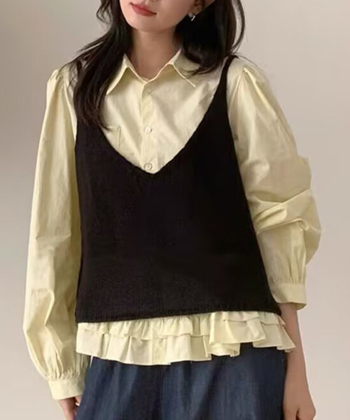DAY CLOSET(デイ クローゼット)の「【前後2WAY】レイヤード即戦力。ダブルリボン Vネック ニット ビスチェ レディース(キャミソール・レディース・イエロー/グレー/ブラック/アイボリー/レッド/ミント・FREE)」の14枚目の写真