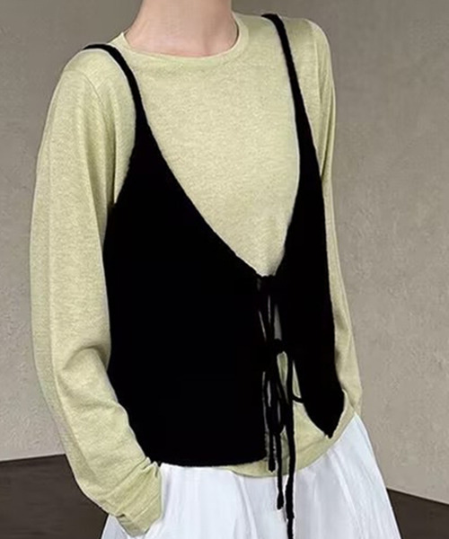 DAY CLOSET(デイ クローゼット)の「【前後2WAY】レイヤード即戦力。ダブルリボン Vネック ニット ビスチェ レディース(キャミソール・レディース・イエロー/グレー/ブラック/アイボリー/レッド/ミント・FREE)」の15枚目の写真
