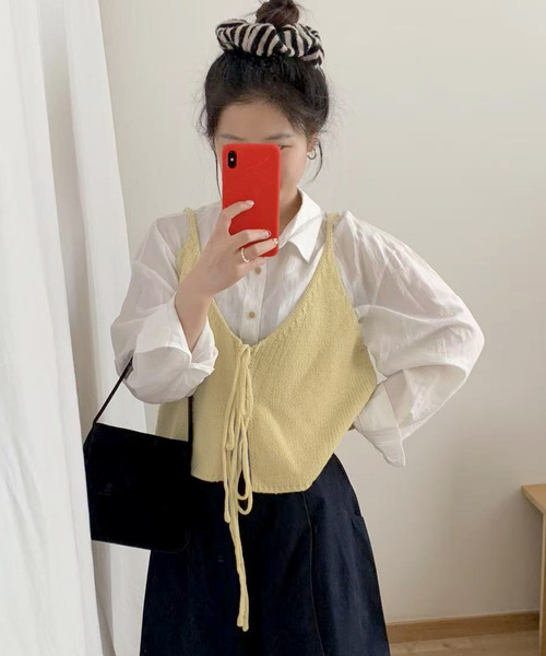 DAY CLOSET(デイ クローゼット)の「【前後2WAY】レイヤード即戦力。ダブルリボン Vネック ニット ビスチェ レディース(キャミソール・レディース・イエロー/グレー/ブラック/アイボリー/レッド/ミント・FREE)」の18枚目の写真