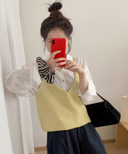 DAY CLOSET(デイ クローゼット)の「【前後2WAY】レイヤード即戦力。ダブルリボン Vネック ニット ビスチェ レディース(キャミソール・レディース・イエロー/グレー/ブラック/アイボリー/レッド/ミント・FREE)」の19枚目の写真