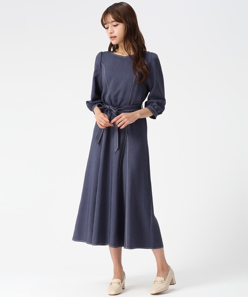 セール】2026春夏新作 ポリデニム配色ステッチワンピース（ワンピース