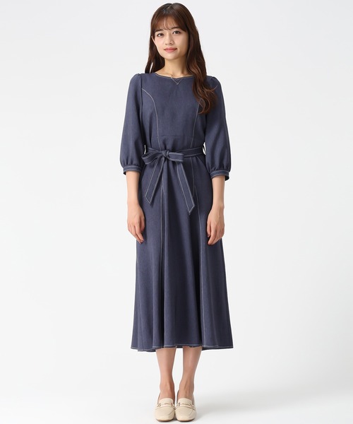 セール】2026春夏新作 ポリデニム配色ステッチワンピース（ワンピース