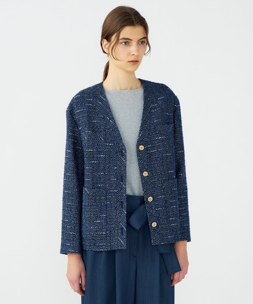 BALLSEY(ボールジィ)の「エアリーファンシーツイード Vカラージャケット(ノーカラージャケット・レディース・ネイビー/ライトベージュ・36)」の4枚目の写真