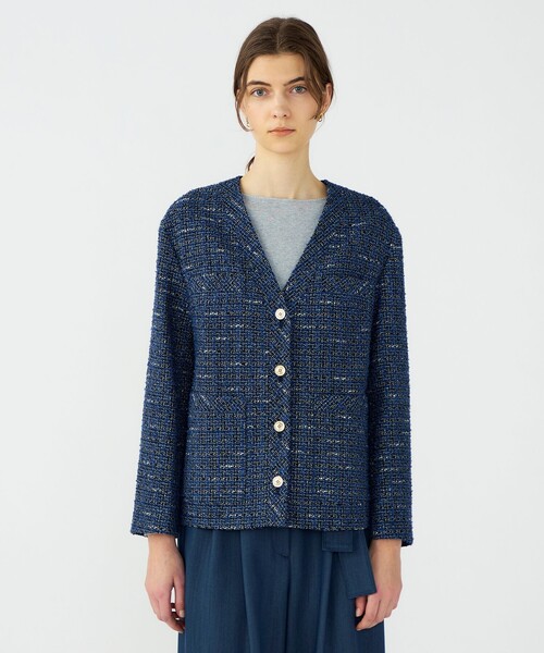 BALLSEY(ボールジィ)の「エアリーファンシーツイード Vカラージャケット(ノーカラージャケット・レディース・ネイビー/ライトベージュ・36)」の5枚目の写真