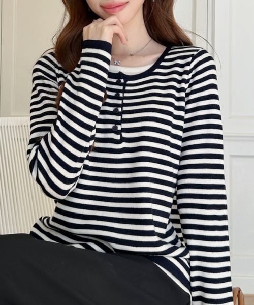 Ada.(エイダ)の「レイヤード風 ヘンリーネック ロングスリーブ カットソー(Tシャツ/カットソー・レディース・ライトグレー/グレー×ホワイト/ネイビー/ネイビー×ホワイト・FREE)」の20枚目の写真