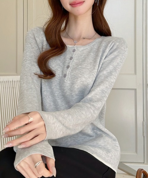 Ada.(エイダ)の「レイヤード風 ヘンリーネック ロングスリーブ カットソー(Tシャツ/カットソー・レディース・ライトグレー/グレー×ホワイト/ネイビー/ネイビー×ホワイト・FREE)」の22枚目の写真