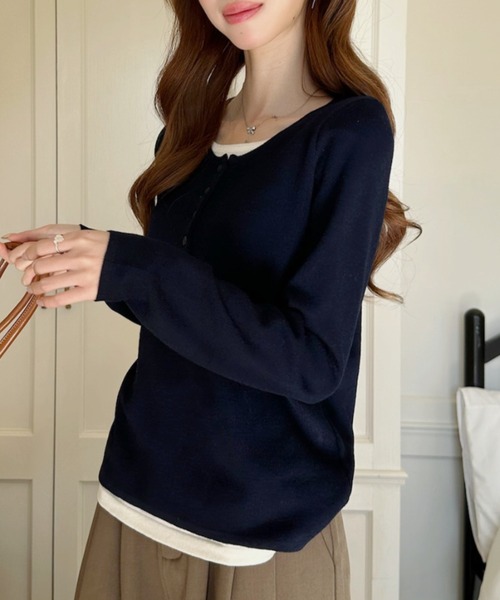 Ada.(エイダ)の「レイヤード風 ヘンリーネック ロングスリーブ カットソー(Tシャツ/カットソー・レディース・ライトグレー/グレー×ホワイト/ネイビー/ネイビー×ホワイト・FREE)」の16枚目の写真