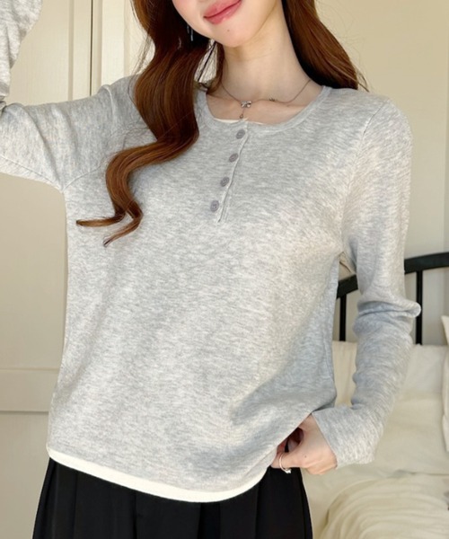 Ada.(エイダ)の「レイヤード風 ヘンリーネック ロングスリーブ カットソー(Tシャツ/カットソー・レディース・ライトグレー/グレー×ホワイト/ネイビー/ネイビー×ホワイト・FREE)」の6枚目の写真