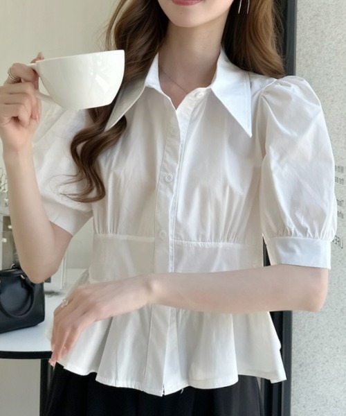 Ada.(エイダ)の「ビッグカラー パフスリーブ 裾フリル半袖ブラウス(シャツ/ブラウス・レディース・ブルー/ベージュ/ホワイト・FREE)」の6枚目の写真