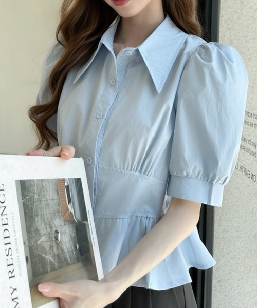 Ada.(エイダ)の「ビッグカラー パフスリーブ 裾フリル半袖ブラウス(シャツ/ブラウス・レディース・ブルー/ベージュ/ホワイト・FREE)」の21枚目の写真