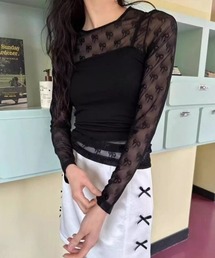 春夏新作リボンの総柄シアーロンT/レイヤード着