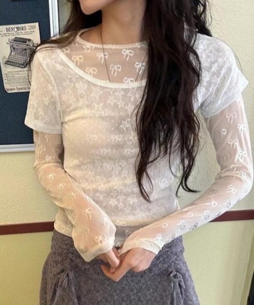 Lis ardent（リスアルダン）の「春夏新作リボンの総柄シアーロンT/レイヤード着（Tシャツ/カットソー・レディース・ホワイト/ブラック・M）」の9枚目の写真