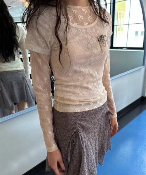 Lis ardent（リスアルダン）の「春夏新作リボンの総柄シアーロンT/レイヤード着（Tシャツ/カットソー・レディース・ホワイト/ブラック・M）」の10枚目の写真