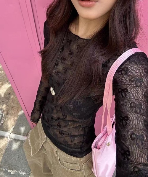 Lis ardent（リスアルダン）の「春夏新作リボンの総柄シアーロンT/レイヤード着（Tシャツ/カットソー・レディース・ホワイト/ブラック・M）」の14枚目の写真