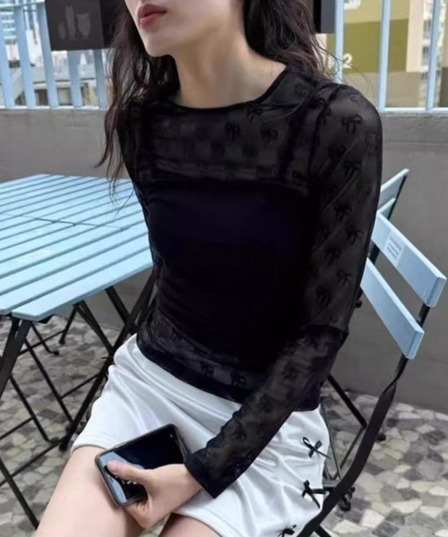 Lis ardent（リスアルダン）の「春夏新作リボンの総柄シアーロンT/レイヤード着（Tシャツ/カットソー・レディース・ホワイト/ブラック・M）」の15枚目の写真