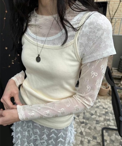 Lis ardent（リスアルダン）の「春夏新作リボンの総柄シアーロンT/レイヤード着（Tシャツ/カットソー・レディース・ホワイト/ブラック・M）」の18枚目の写真