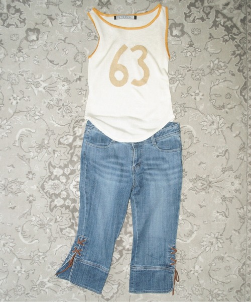 musubore(ムスボレ)の「numbering glossy knit bibs / ナンバリングニットビブス(Tシャツ/カットソー・レディース・カーキ/ブルー/イエロー・FREE)」の6枚目の写真