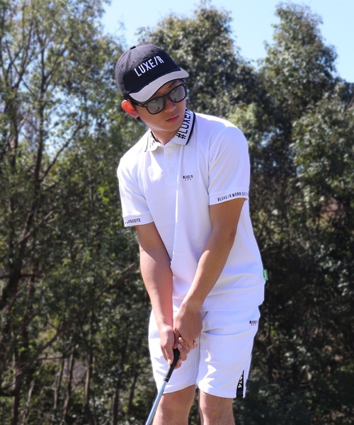 LUXE/R GOLF(ラグジュ ゴルフ)の「(RM)【LUXE/R GOLF】ストレッチ スムース ロゴ ポロシャツ(ポロシャツ・メンズ・ネイビー/チャコールグレー/ブラック/ホワイト・X-LARGE/LARGE/MEDIUM)」の2枚目の写真