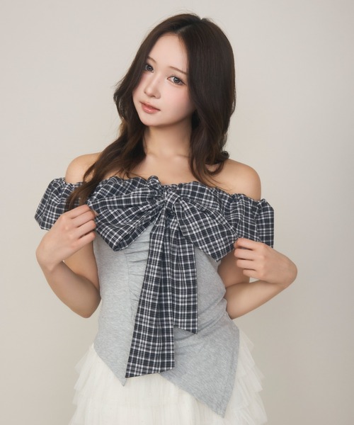 セール】オフショルギンガムチェック半袖（Tシャツ/カットソー