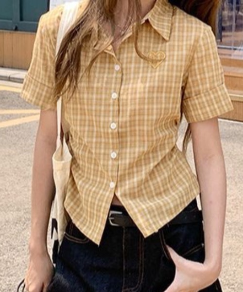 Teem Store(チームストア)の「刺繍ロゴチェック柄サイドギャザー半袖シャツ(シャツ/ブラウス・レディース・イエロー/ブルー・M/S)」の11枚目の写真