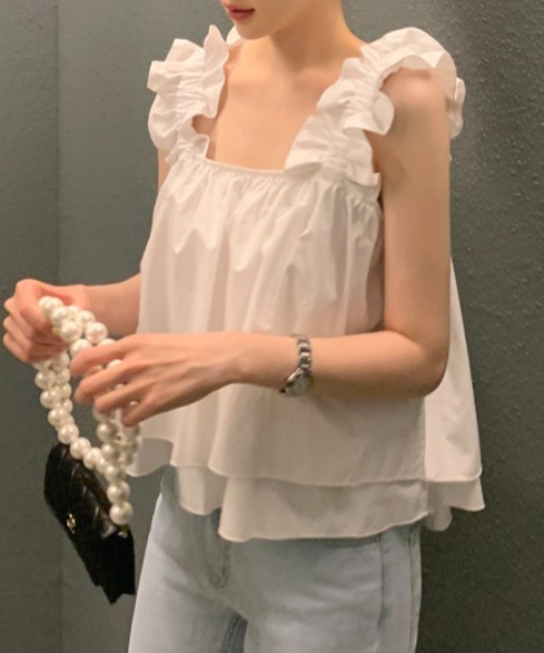 AMAJI(アマジ)の「フリルストラップペプラムトップス(Tシャツ/カットソー・レディース・ホワイト/ネイビー/カーキ・FREE)」の4枚目の写真