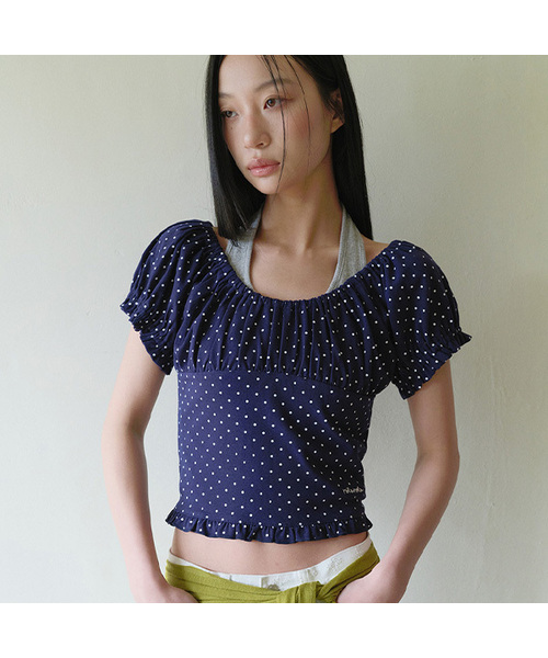 ROLAROLA(ロラロラ)の「DOT PUFF T-SHIRT NAVY(Tシャツ/カットソー・レディース・ネイビー・FREE)」の1枚目の写真
