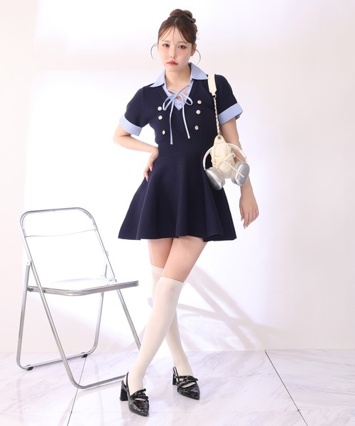 one after another NICE CLAUP（ワンアフターアナザーナイスクラップ）の「シャツレイヤード半袖ニットワンピース（ワンピース・レディース・ブラック/グレー/ネイビー・SMALL/MEDIUM）」の15枚目の写真