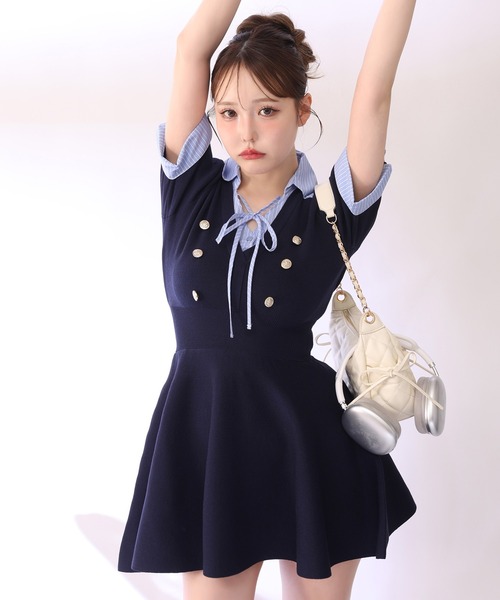one after another NICE CLAUP（ワンアフターアナザーナイスクラップ）の「シャツレイヤード半袖ニットワンピース（ワンピース・レディース・ブラック/グレー/ネイビー・SMALL/MEDIUM）」の14枚目の写真
