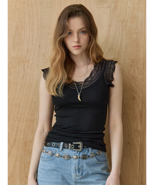 MAXZA(マージャコレクション)の「スカラップレースVネックスリーブレストップス(Tシャツ/カットソー・レディース・ホワイト/ブラック/グレー・FREE)」の5枚目の写真
