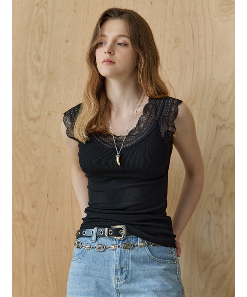 MAXZA(マージャコレクション)の「スカラップレースVネックスリーブレストップス(Tシャツ/カットソー・レディース・ホワイト/ブラック/グレー・FREE)」の8枚目の写真